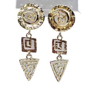 Earrings Greek Key Pattern Textured Spiral Gold Tone Statement Pierced SKU 3073